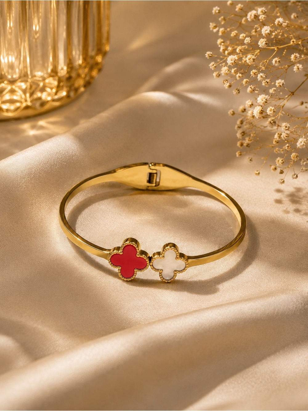 Gold Bangle Bracelet with Red and White Clover Accents - Women Jewelry